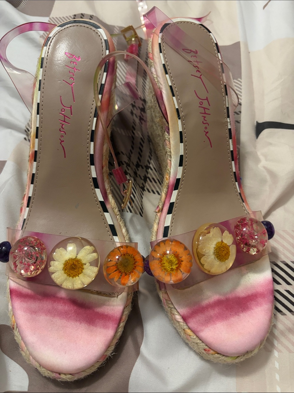 Betsey Johnson Pink Tie-Dye Floral Resin Espadrille Wedge Sandals